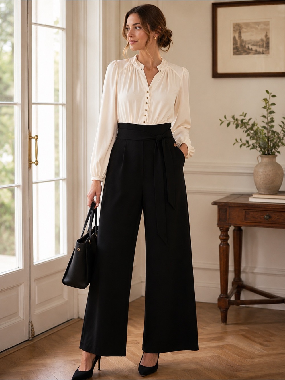 Ever New Wide Leg Jumpsuit Black Cream Sz 6